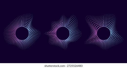 Ícones de equalizador de som com linhas, quadros circulares de ondas sonoras de néon de gradiente, ícones de música radial abstratos.