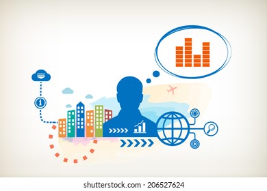 Sound equalizer and person with bubbles for dialogue. Think and decide.