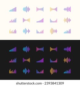 Sound equalizer. A set of sound icons. Musical wave, graphic image. Modern vector illustration. Graphic symbols of radio waves. Illustration of musical frequencies.