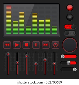 Sound equalizer with slider and media player buttons. Black and red collection. Vector illustration