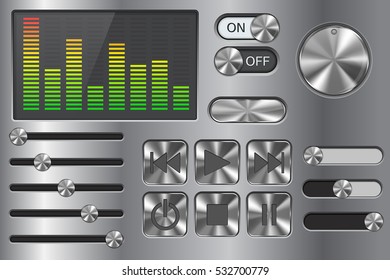 Sound equalizer with slider and media player buttons. Metal chrome collection. Vector illustration