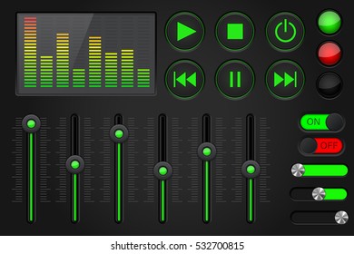 Sound equalizer with slider and media player buttons. Black and green collection. Vector illustration