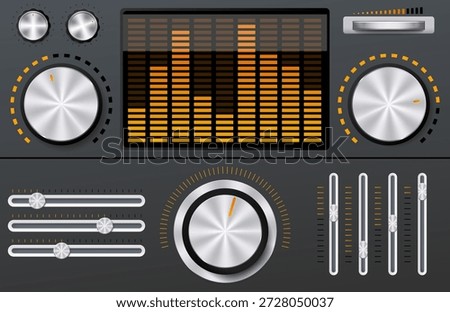Sound equalizer with sliders. Realistic music panel, metal volume buttons control, regulators, audio mixing console, device screen digital media player sound processing display, qualitative vector set