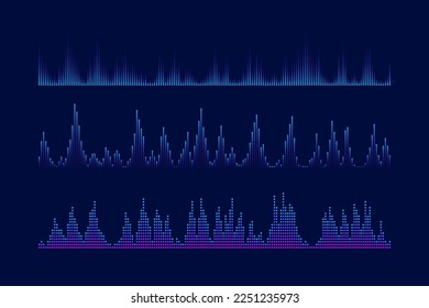 Sound equalizer and visualication set. Music wave bars collection. Podcast, audio tracks or voice messages. Diagram, chart or signal concepts. 