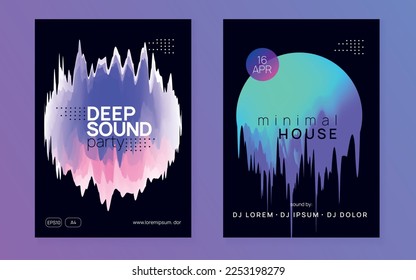 Sound Event. House And Nightlife Shape. Creative Background For Magazine Design. Modern Disco Flyer. Linear Effect For Cover. Purple And Turquoise Sound Event