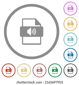 Tipo de archivo de sonido iconos de color plano en los contornos redondos sobre fondo blanco