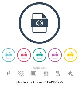 Sound file type flat color icons in round outlines. 6 bonus icons included.