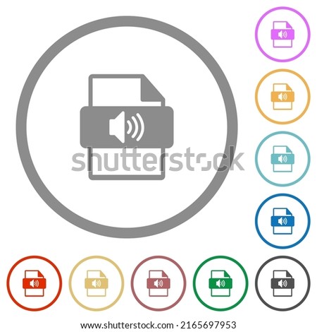 Sound file type flat color icons in round outlines on white background