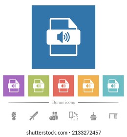 Sound file type flat white icons in square backgrounds. 6 bonus icons included.