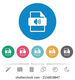 Sound file type flat white icons on round color backgrounds. 6 bonus icons included.