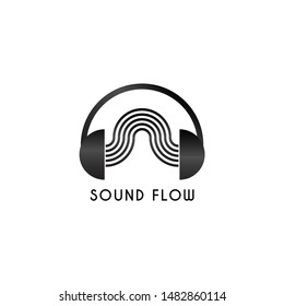 Sound Flow Logo, Headphone with Sound Wave Illustration Suitable For T-Shirt Graphic, Black and White Audio Logo Design Template