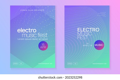 Sound flyer. Abstract concert magazine set. Dynamic gradient shape and line. Neon sound flyer. Electro dance music. Electronic fest event. Club dj poster. Techno trance party.