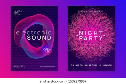 Sound flyer. Cool show magazine set. Dynamic fluid shape and line. Neon sound flyer. Electro dance music. Electronic fest event. Club dj poster. Techno trance party.