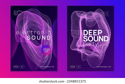 Sound flyer. Creative show banner set. Dynamic gradient shape and line. Neon sound flyer. Electro dance music. Electronic fest event. Club dj poster. Techno trance party.