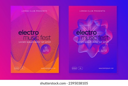 Sound flyer. Curvy concert cover set. Dynamic fluid shape and line. Neon sound flyer. Electro dance music. Electronic fest event. Club dj poster. Techno trance party.