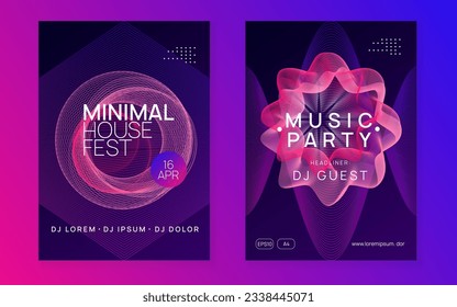 Sound flyer. Curvy show banner set. Dynamic gradient shape and line. Neon sound flyer. Electro dance music. Electronic fest event. Club dj poster. Techno trance party.