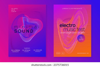 Sound flyer. Curvy show magazine set. Dynamic fluid shape and line. Neon sound flyer. Electro dance music. Electronic fest event. Club dj poster. Techno trance party.