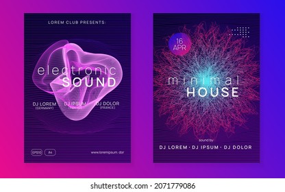 Sound flyer. Dynamic fluid shape and line. Commercial discotheque invitation set. Neon sound flyer. Electro dance music. Electronic fest event. Club dj poster. Techno trance party.