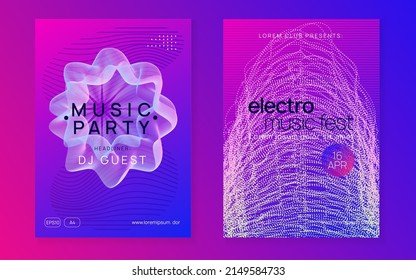 Sound flyer. Dynamic fluid shape and line. Cool concert cover set. Neon sound flyer. Electro dance music. Electronic fest event. Club dj poster. Techno trance party.