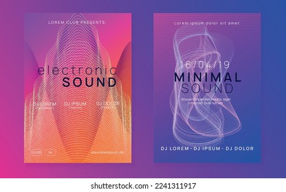 Sound flyer. Dynamic fluid shape and line. Wavy discotheque banner set. Neon sound flyer. Electro dance music. Electronic fest event. Club dj poster. Techno trance party.