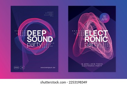 Sound flyer. Dynamic fluid shape and line. Wavy discotheque invitation set. Neon sound flyer. Electro dance music. Electronic fest event. Club dj poster. Techno trance party.