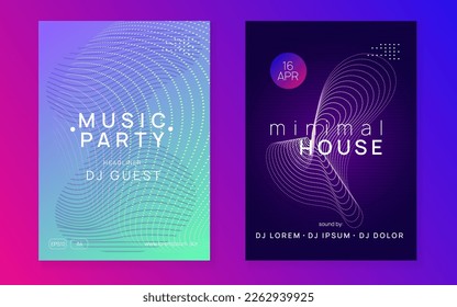 Sound flyer. Dynamic fluid shape and line. Wavy concert banner set. Neon sound flyer. Electro dance music. Electronic fest event. Club dj poster. Techno trance party.
