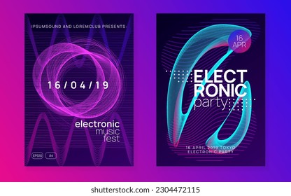 Sound flyer. Dynamic fluid shape and line. Digital discotheque cover set. Neon sound flyer. Electro dance music. Electronic fest event. Club dj poster. Techno trance party.