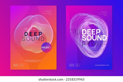Sound flyer. Dynamic fluid shape and line. Energy concert banner set. Neon sound flyer. Electro dance music. Electronic fest event. Club dj poster. Techno trance party.