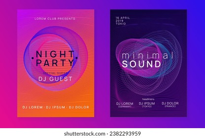 Sound flyer. Dynamic fluid shape and line. Energy concert banner set. Neon sound flyer. Electro dance music. Electronic fest event. Club dj poster. Techno trance party.