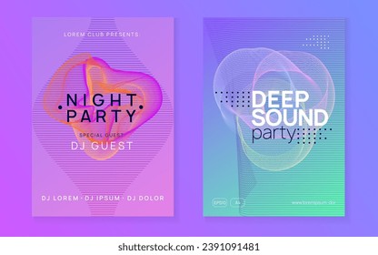 Sound flyer. Dynamic fluid shape and line. Curvy concert banner set. Neon sound flyer. Electro dance music. Electronic fest event. Club dj poster. Techno trance party.