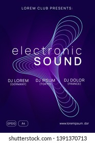 Sound flyer. Dynamic gradient shape and line. Curvy concert cover design. Neon sound flyer. Electro dance music. Electronic fest event. Club dj poster. Techno trance party.
