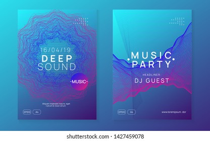 Sound flyer. Dynamic gradient shape and line. Geometric show cover set. Neon sound flyer. Electro dance music. Electronic fest event. Club dj poster. Techno trance party.