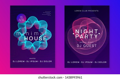 Sound flyer. Dynamic gradient shape and line. Curvy discotheque banner set. Neon sound flyer. Electro dance music. Electronic fest event. Club dj poster. Techno trance party.