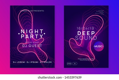 Sound flyer. Dynamic gradient shape and line. Trendy concert brochure set. Neon sound flyer. Electro dance music. Electronic fest event. Club dj poster. Techno trance party.
