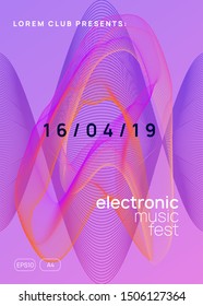 Sound flyer. Dynamic gradient shape and line. Geometric concert cover design. Neon sound flyer. Electro dance music. Electronic fest event. Club dj poster. Techno trance party.