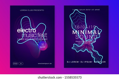 Sound flyer. Dynamic gradient shape and line. Bright discotheque cover set. Neon sound flyer. Electro dance music. Electronic fest event. Club dj poster. Techno trance party.
