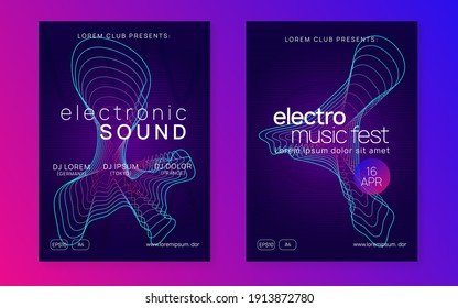 Sound flyer. Dynamic gradient shape and line. Creative show magazine set. Neon sound flyer. Electro dance music. Electronic fest event. Club dj poster. Techno trance party.
