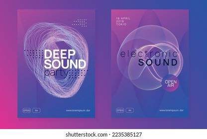 Sound flyer. Dynamic gradient shape and line. Abstract concert invitation set. Neon sound flyer. Electro dance music. Electronic fest event. Club dj poster. Techno trance party.