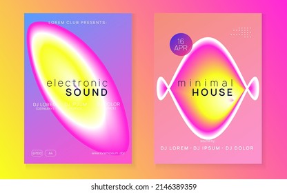 Sound Flyer. Fun Techno Poster. Wavy Glitch For Brochure. Abstract Background For Magazine Template. Club And Nightlife Shape. Pink And Yellow Sound Flyer