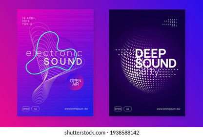 Sound flyer. Futuristic concert brochure set. Dynamic fluid shape and line. Neon sound flyer. Electro dance music. Electronic fest event. Club dj poster. Techno trance party.