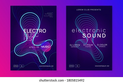 Sound flyer. Futuristic show banner set. Dynamic fluid shape and line. Neon sound flyer. Electro dance music. Electronic fest event. Club dj poster. Techno trance party.