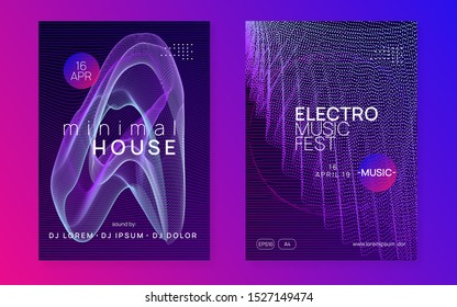 Sound flyer. Geometric concert brochure set. Dynamic fluid shape and line. Neon sound flyer. Electro dance music. Electronic fest event. Club dj poster. Techno trance party.