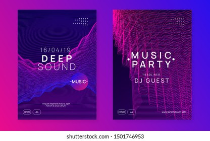 Sound flyer. Geometric concert invitation set. Dynamic fluid shape and line. Neon sound flyer. Electro dance music. Electronic fest event. Club dj poster. Techno trance party.