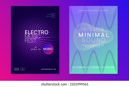 Sound flyer. Geometric discotheque banner set. Dynamic fluid shape and line. Neon sound flyer. Electro dance music. Electronic fest event. Club dj poster. Techno trance party.