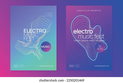 Sound flyer. Geometric discotheque cover set. Dynamic fluid shape and line. Neon sound flyer. Electro dance music. Electronic fest event. Club dj poster. Techno trance party.