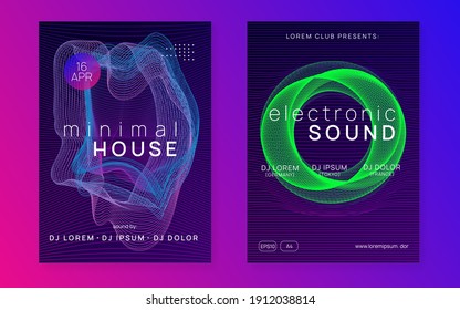 Sound flyer. Minimal discotheque cover set. Dynamic fluid shape and line. Neon sound flyer. Electro dance music. Electronic fest event. Club dj poster. Techno trance party.