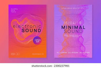 Sound flyer. Minimal show brochure set. Dynamic fluid shape and line. Neon sound flyer. Electro dance music. Electronic fest event. Club dj poster. Techno trance party.