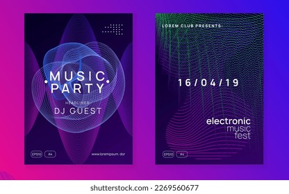 Sound flyer. Trendy show cover set. Dynamic fluid shape and line. Neon sound flyer. Electro dance music. Electronic fest event. Club dj poster. Techno trance party.