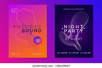 Sound flyer. Trendy show invitation set. Dynamic fluid shape and line. Neon sound flyer. Electro dance music. Electronic fest event. Club dj poster. Techno trance party.