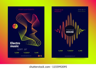 Sound Flyer with Wavy Lines. Abstract Background with Distorted Stripes, Round and Gradient. Music Wave Poster. Electronic Sound Cover. Modern Vector Illustration. Minimal Sound Fest in Night Club.
